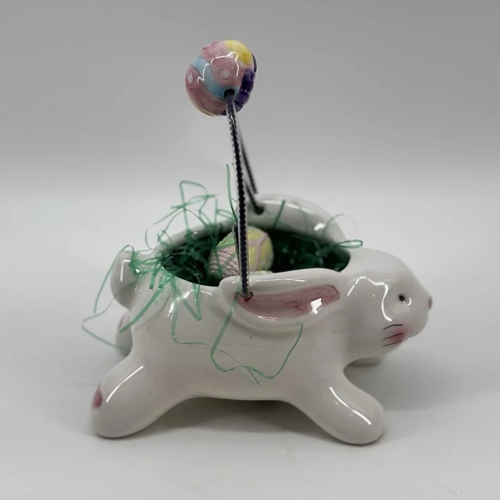 Ceramic‎ Easter Bunny Basket w/ Egg  Handle And Eggs Hand Painted And Glazed